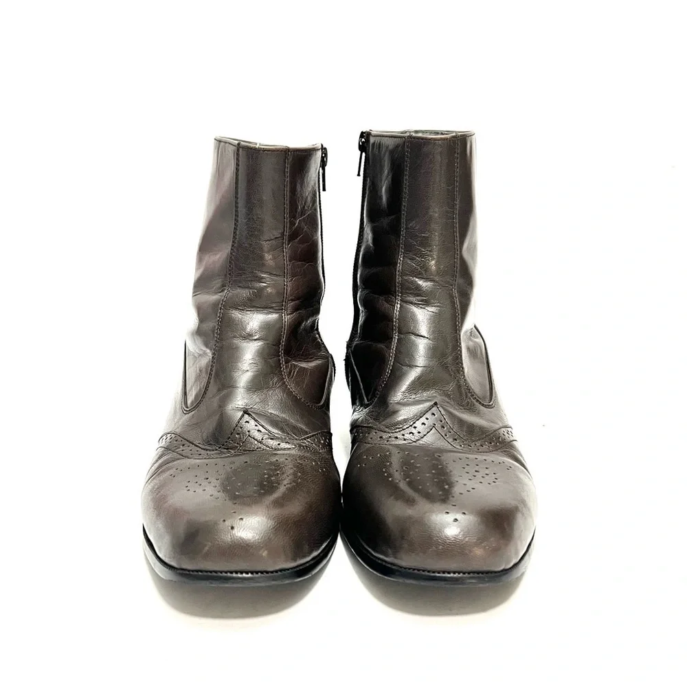Vintage 1980s men's dark khaki brown leather wingtip brogue ankle boots
